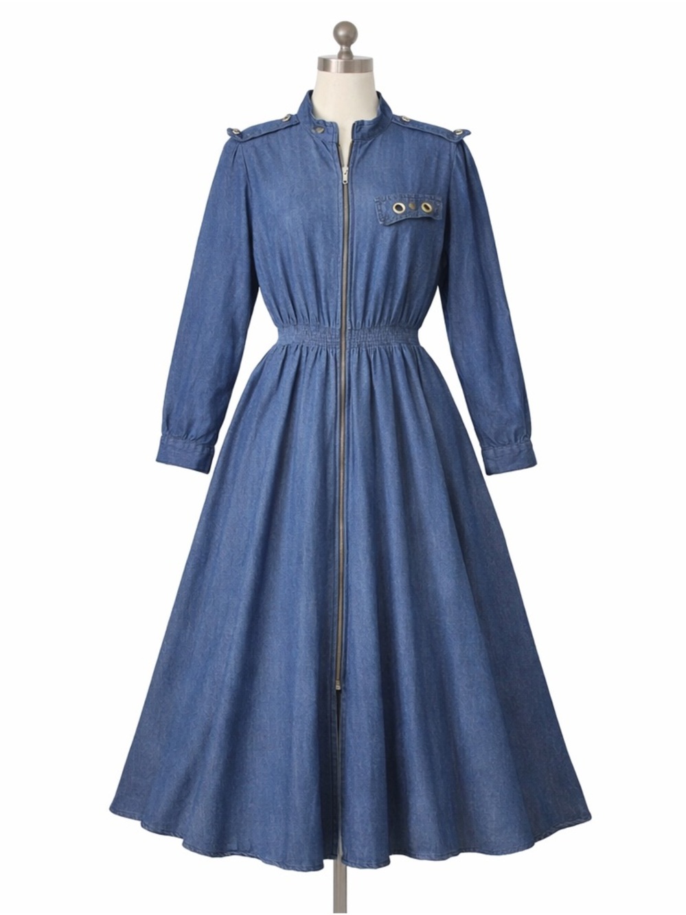VTG Rafael Denim Maxi Dress Women's M Blue Studded Grommet Zip Front 80s Cowgirl